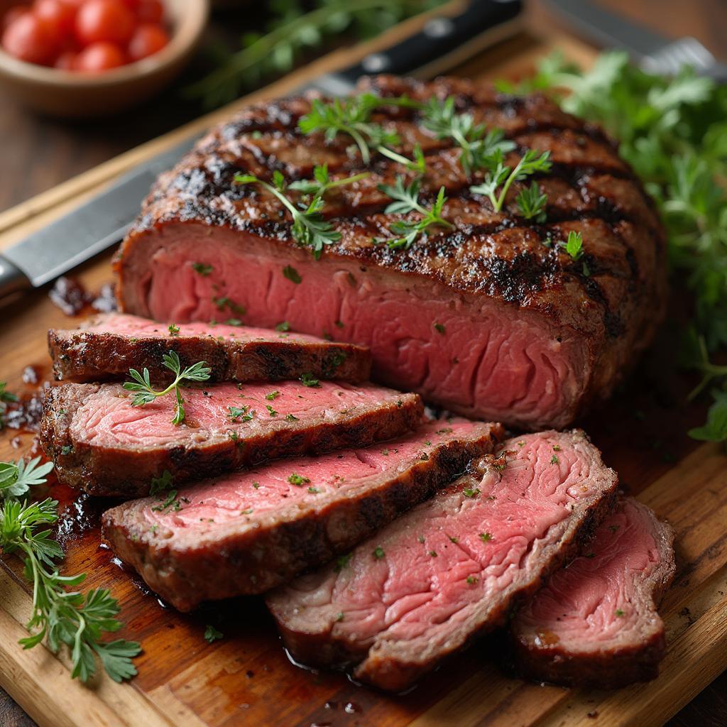 Sliced ribeye steak ready to serve