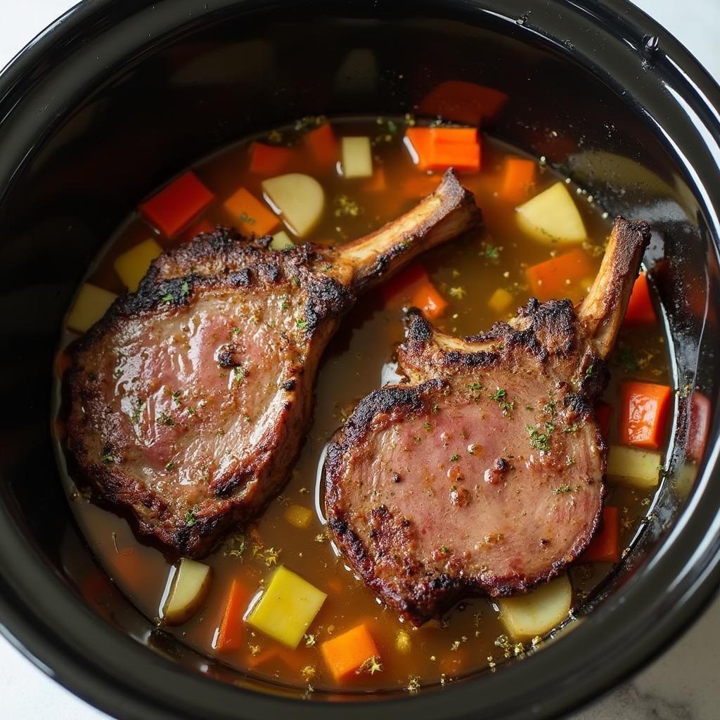 Sirloin chops slow cooking in a slow cooker