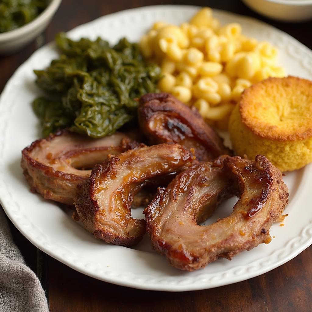 A plate of smoked turkey necks with sides