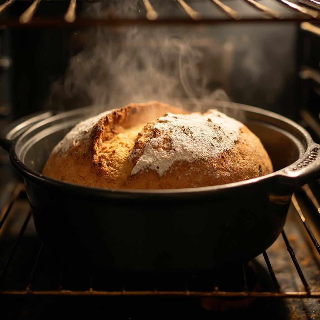 Covered roasting pan baking sourdough bread.